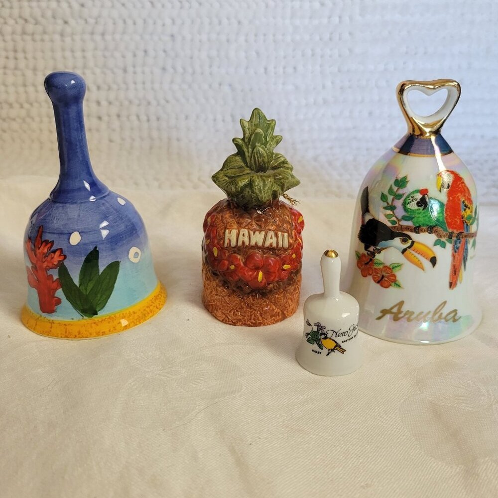 Vintage Bell Lot of 4 bells Porcelain Souvenir Hawaii Bahamas Aruba New Jersey